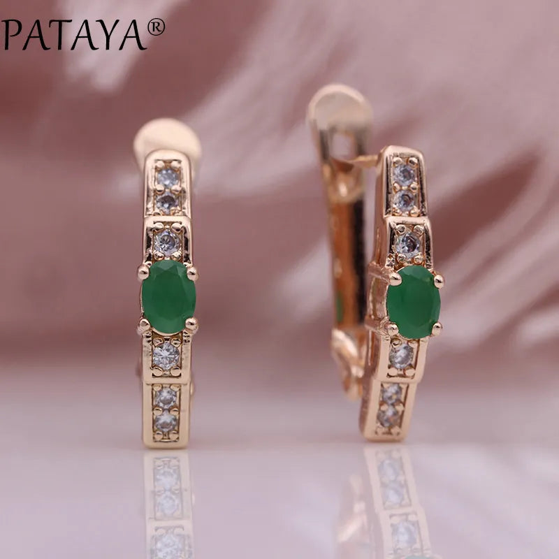 PATAYA New Oval Green Earrings Women Fashion Wedding Cute Fine Jewelry 585 Rose Gold Color Natural Zircon Dangle Earrings