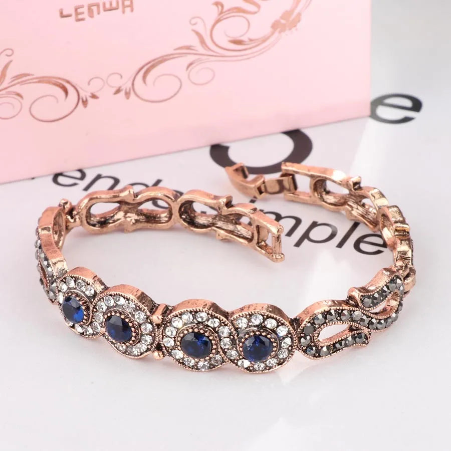 Kinel Vintage Jewelry Wholesale Blue Resin Gray Crystal Flower Bracelet For Women Antique Gold Dubai Jewelry 2017 New