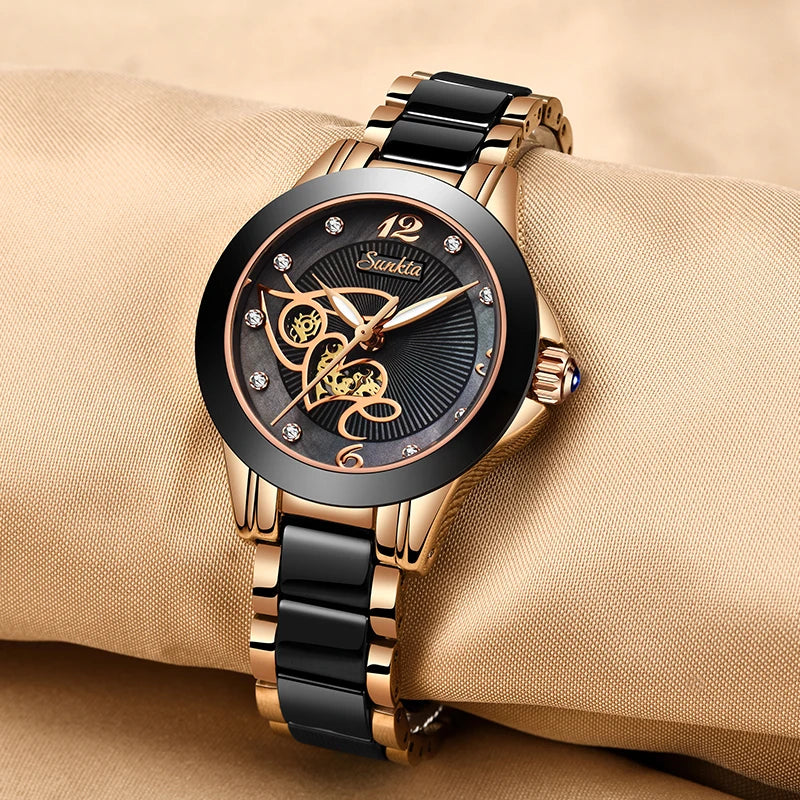 SUNKTA Brand Luxury Women Watches Black Ceramic Diamond Ladies Watch Waterproof Quartz Wristwatch Relogios Femininos Clock Gift