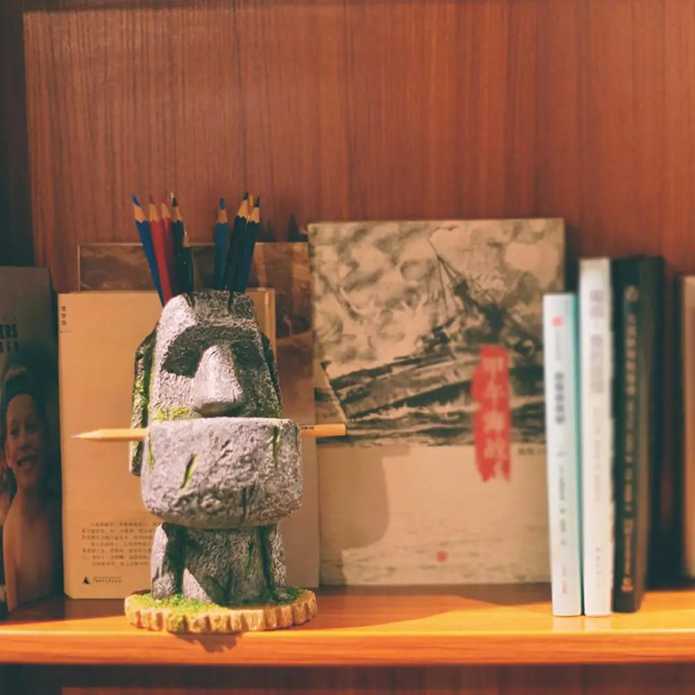 Sandstone Easter Island Moai Pen Pencil Holder Pen Container Storage Holder Carved Sculpture Home Office Desktop Decor Figurine