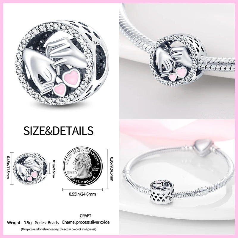 Real 925 Sterling Silver Pink Series Heart Charms Beads Fit Pandora 925 Original Bracelets DIY Mother's Day Jewelry Gift For Mom