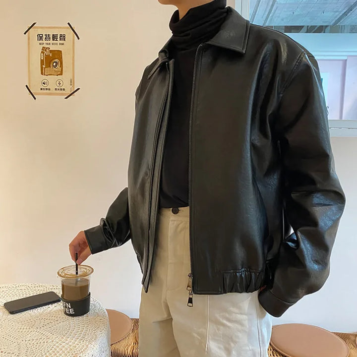 IEFB Men's Clothing Autumn New Oversize Coat Korean Trend Loose Casual PU Leather Jacket Coat Male Zipper Lapel Clothes 9Y4382