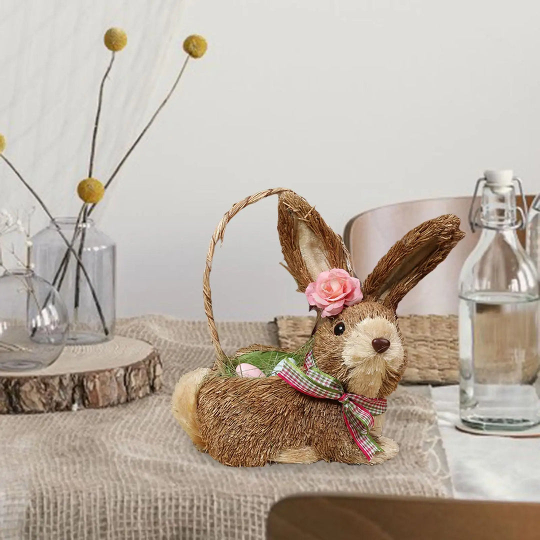 Straw Rabbit Decoration Filled Eggs Basket Straw Easter Rabbit Decor Ornament Bunny Figurine for Indoor Outdoor Spring Decor