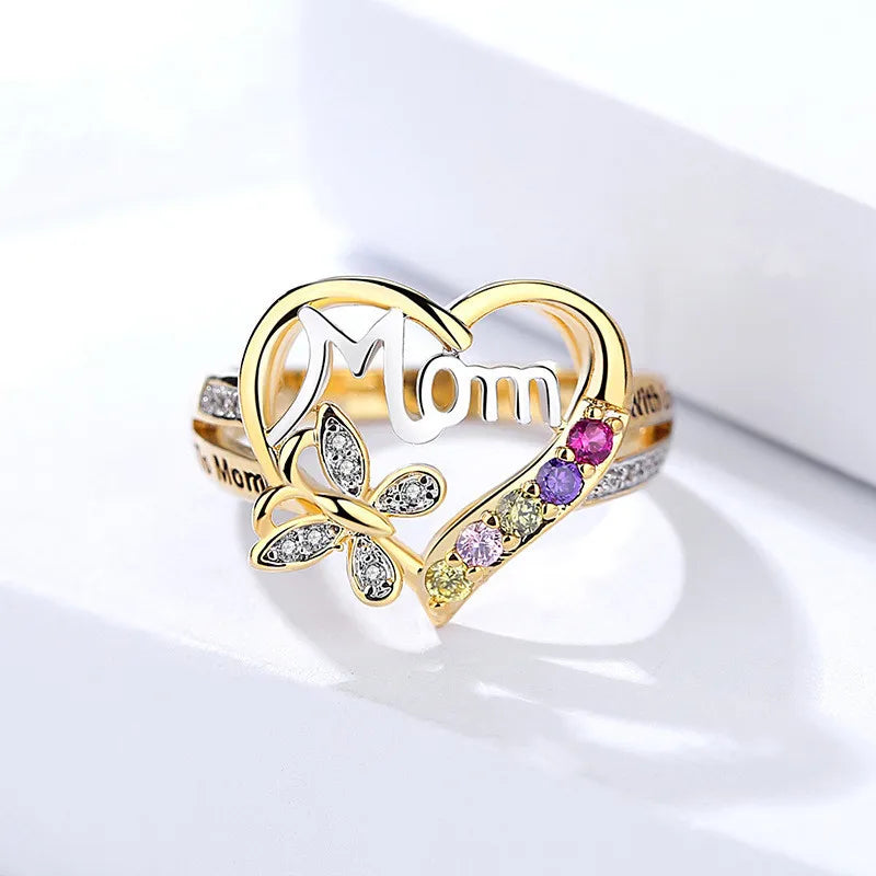 Exquisite Hollow Love Heart Butterfly Rings For Women Mother's Day Gift Elegant Colorful Crystal Jewelry Ring With Letter Mom