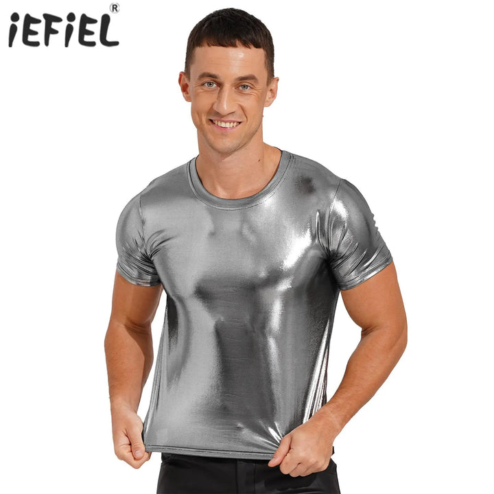 Men's Clothing Shiny Casual T-shirt Tops Sparkling Round Neck T-shirt Clubwear Round Neckline Short Sleeves Loose Fit Tees Tops