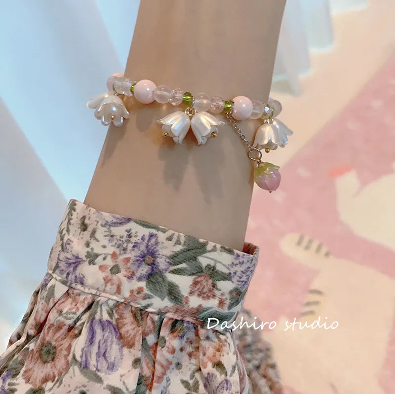 New Design Sweet Vintage Pearl Lily Flower Bracelet for Women Korean Cute Tassel Pink Peach Pendant Bracelet Aesthetic Jewelry