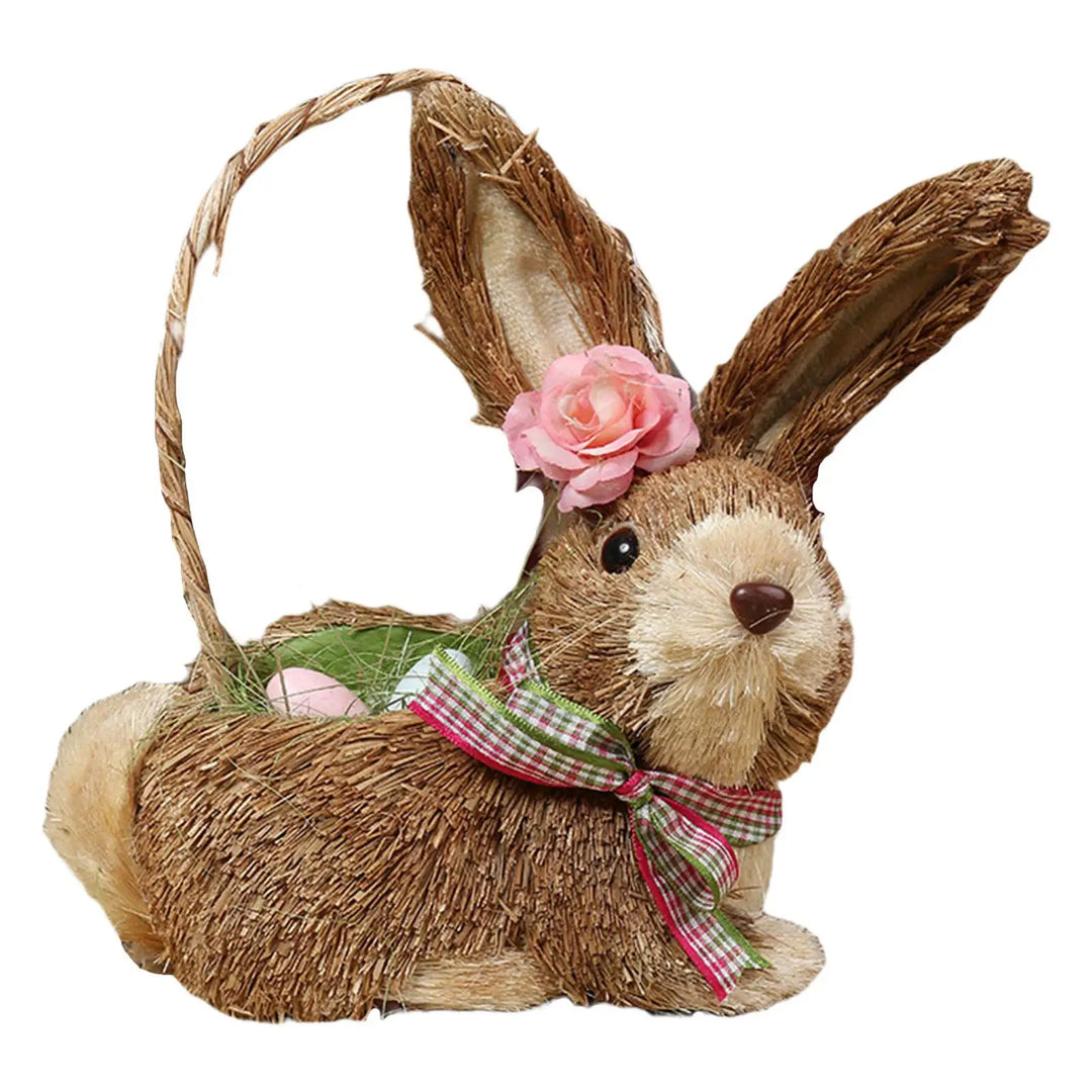 Straw Rabbit Decoration Filled Eggs Basket Straw Easter Rabbit Decor Ornament Bunny Figurine for Indoor Outdoor Spring Decor