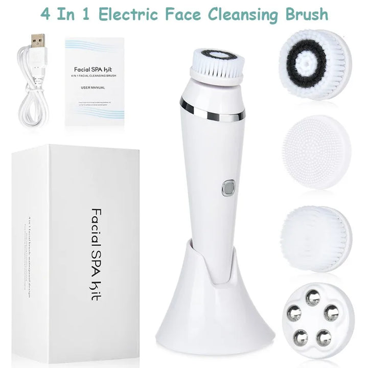 Electric Facial Cleansing Brush With 4 Face Cleaning Brush Heads Waterproof Wireless Facial Cleansing Device 3 Modes Skincare
