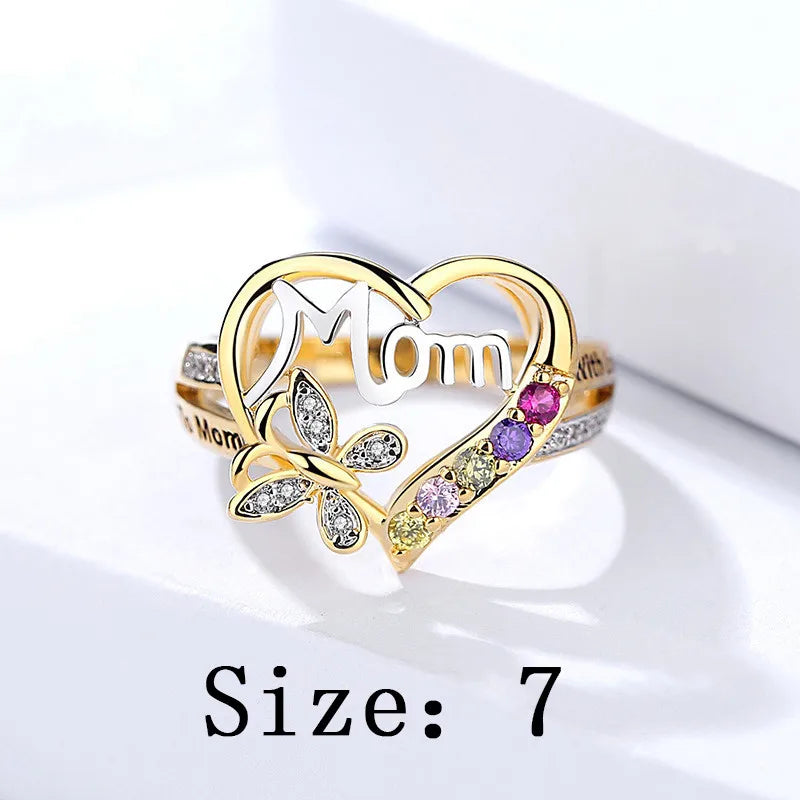Exquisite Hollow Love Heart Butterfly Rings For Women Mother's Day Gift Elegant Colorful Crystal Jewelry Ring With Letter Mom