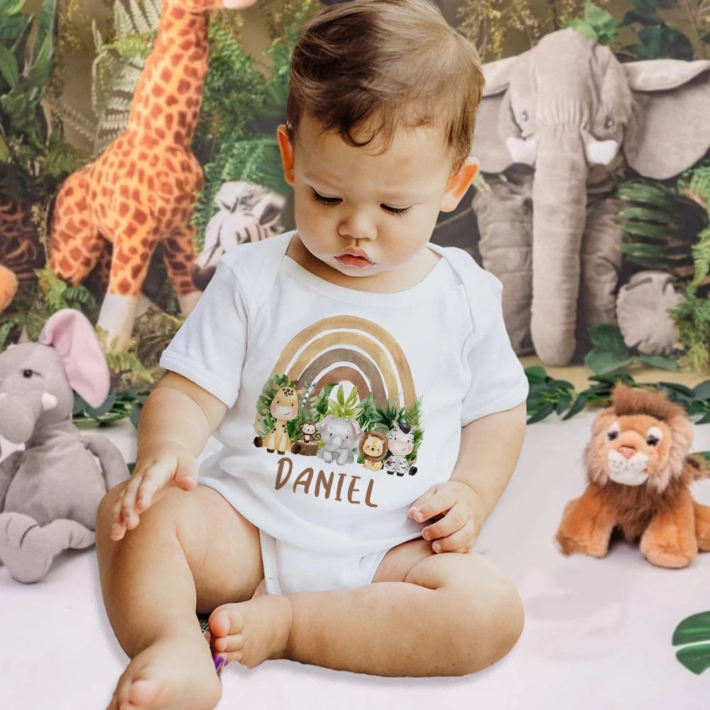 Personalized Baby Bodysuit Rainbow Animal with Name Infant Jumpsuits Newborn Wild One Outfits Romper Baby Birthday Shower Gifts