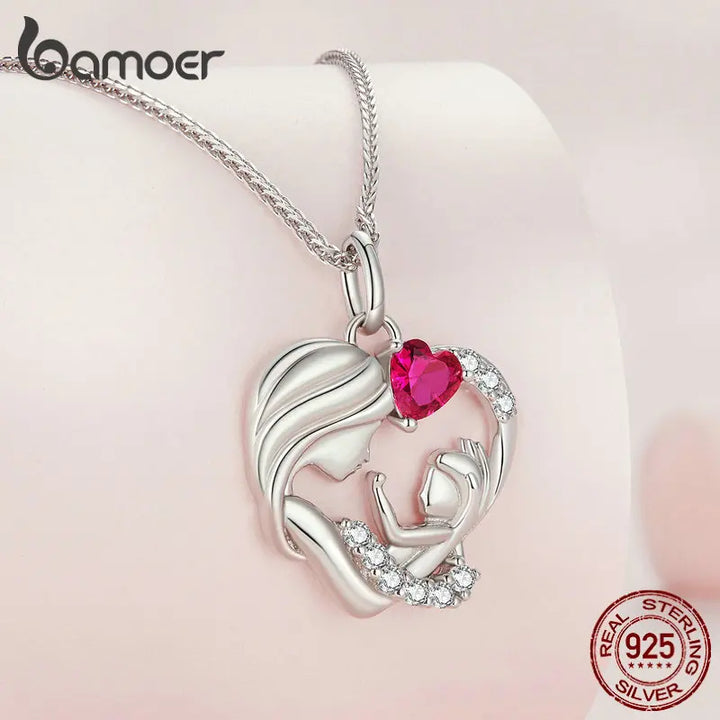 Bamoer 925 Sterling Silver Mother and Child Pendant Necklace for Women Mother's Day Birthday Fine Jewelry Gift BSN323
