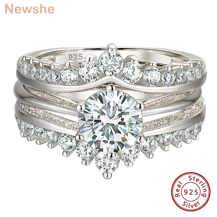 Newshe Luxury Solid 925 Sterling Silver Wedding Engagement Rings for Women High Grade Cubic Zircon Guard Band BR1167