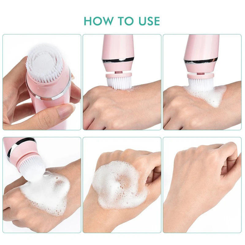 Electric Facial Cleansing Brush With 4 Face Cleaning Brush Heads Waterproof Wireless Facial Cleansing Device 3 Modes Skincare
