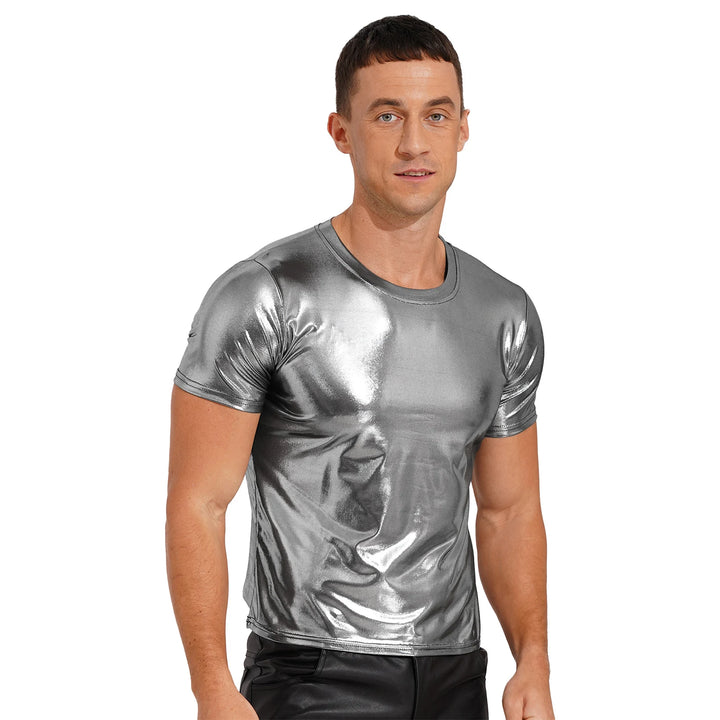 Men's Clothing Shiny Casual T-shirt Tops Sparkling Round Neck T-shirt Clubwear Round Neckline Short Sleeves Loose Fit Tees Tops
