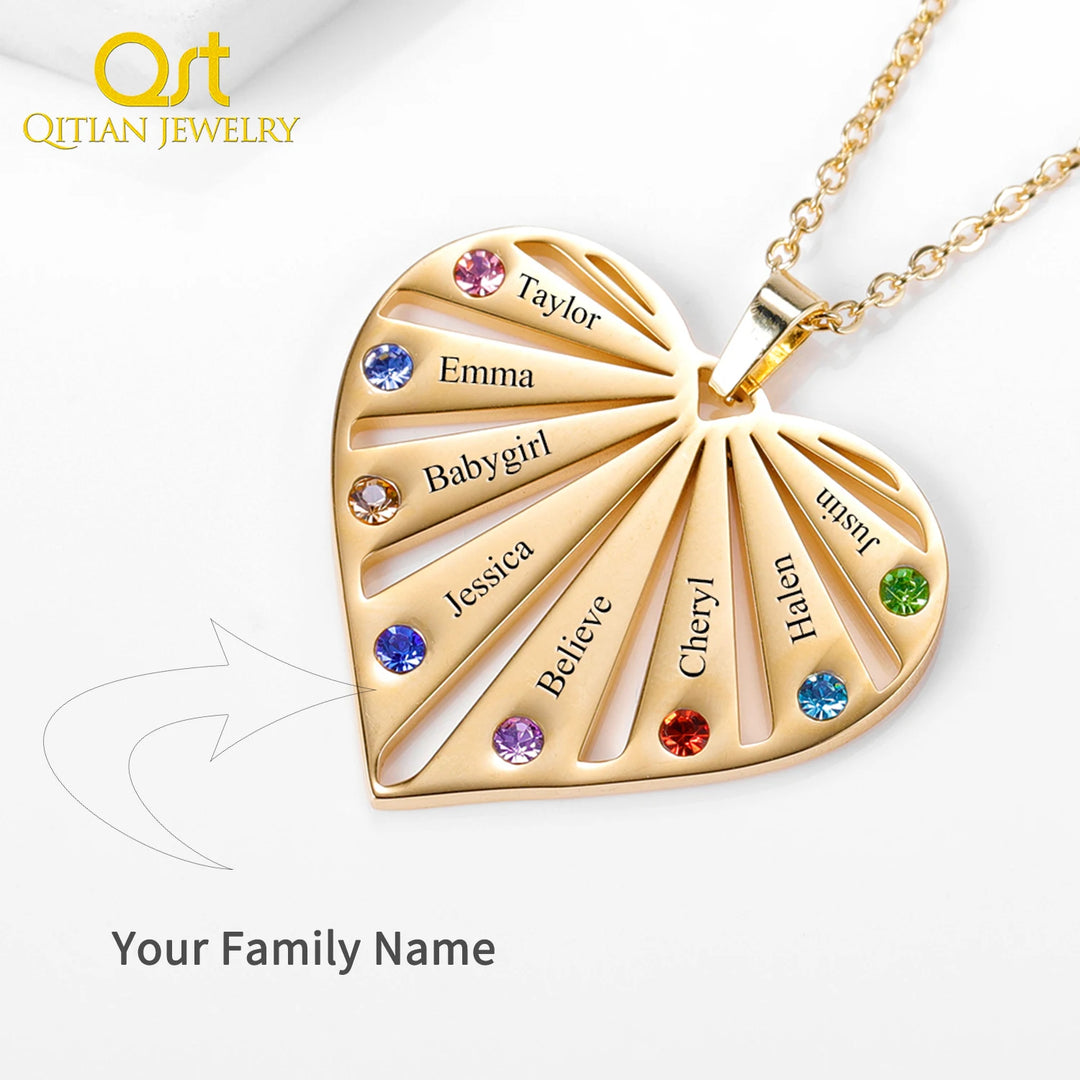 Personalized Heart Birthstone Name Necklace/Custom Engrave 1-8 Names Birthstone Chain Charm Stainless Steel Jewelry Mother's Day