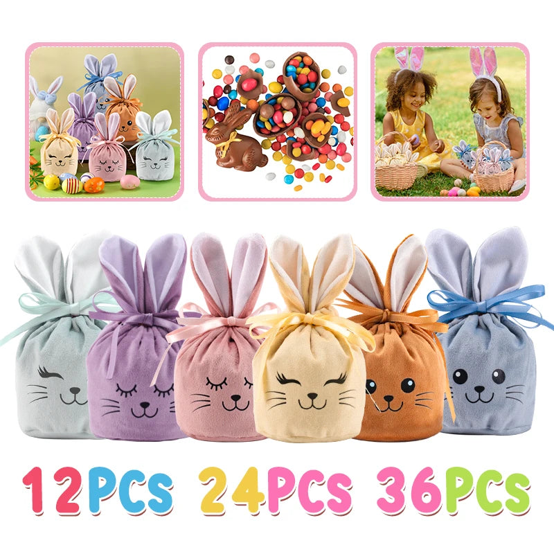 Whimsical Rabbit Ear Drawstring Velvet Gift Bags - 12/24/36PC Sets
