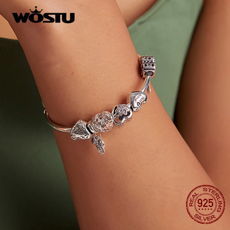 WOSTU 100% 925 Sterling Silver Heart Vintage Charms Beads Fit Original DIY Bracelets Necklace Mother's Day Jewelry Gifts for Mom