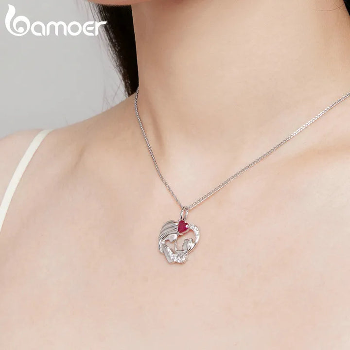 Bamoer 925 Sterling Silver Mother and Child Pendant Necklace for Women Mother's Day Birthday Fine Jewelry Gift BSN323