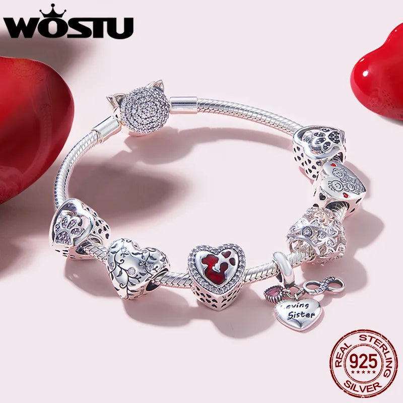 WOSTU 100% 925 Sterling Silver Heart Vintage Charms Beads Fit Original DIY Bracelets Necklace Mother's Day Jewelry Gifts for Mom
