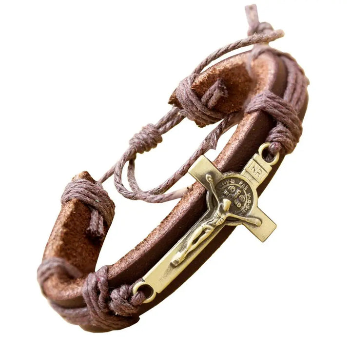RechicGu Catholic Religious Cross Crucifix Bible Medal Leather Bracelets For Women Fashion Men Bangle Jewelry Adjustable