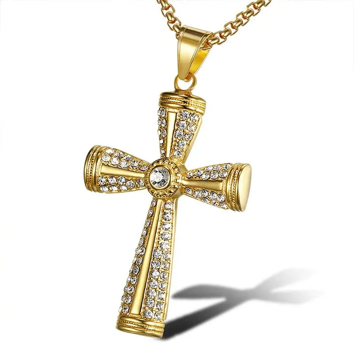 Religious Iced Out Bling Cross Pendants Necklaces For Women Men Gold Color Male Stainless Steel Christian Jewelry Dropshipping