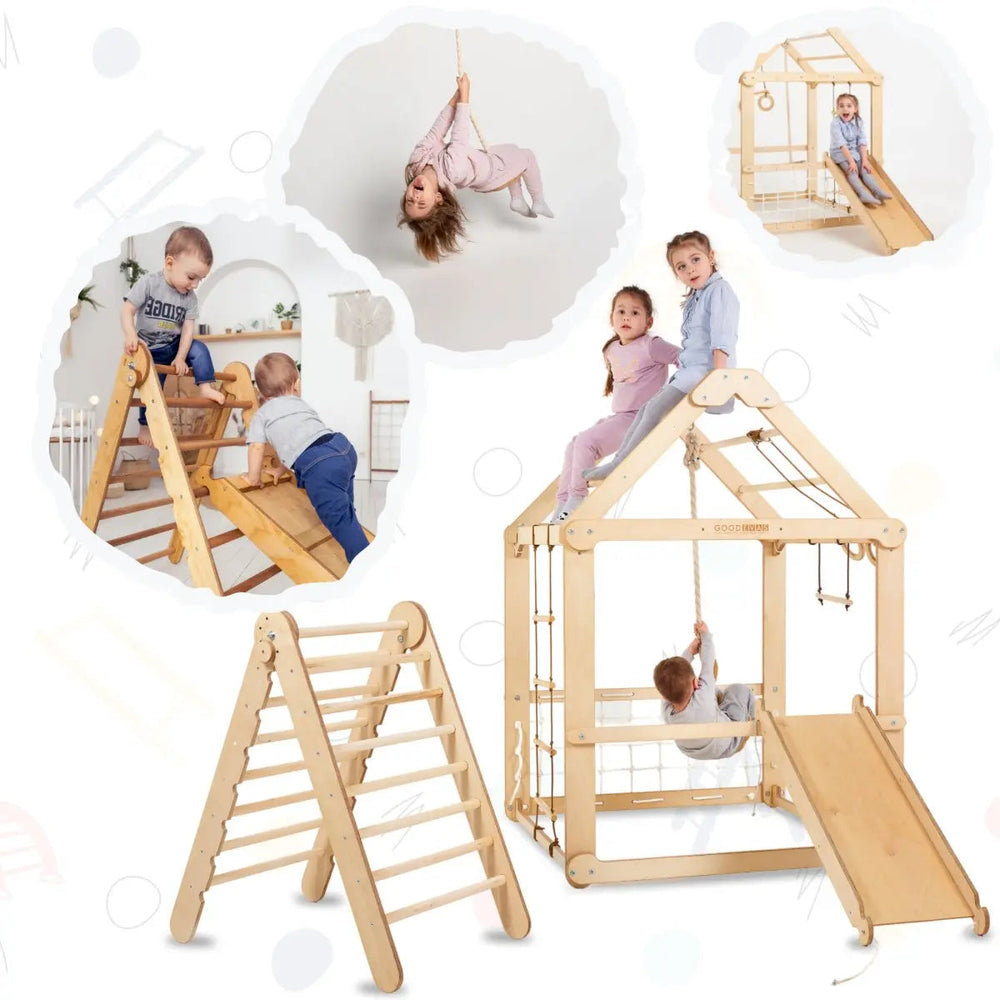 Indoor Wooden Playhouse with Triangle ladder, Slide Board and Swings-1