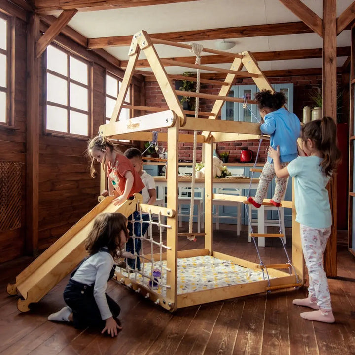 Indoor Wooden Playhouse with Triangle ladder, Slide Board and Swings-4