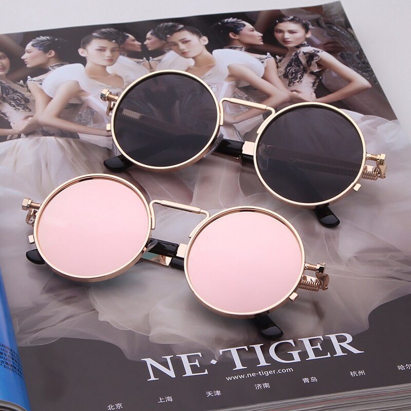 Fashion gothic sunglasses women men brand designer vintage pink metal punk vapor round sun glasses retro shades-0