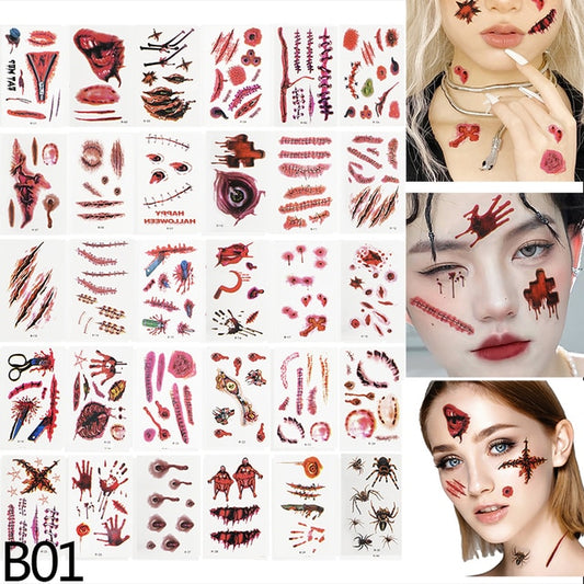 30 Sheets! Realistic Horror Temporary Tattoo Stickers