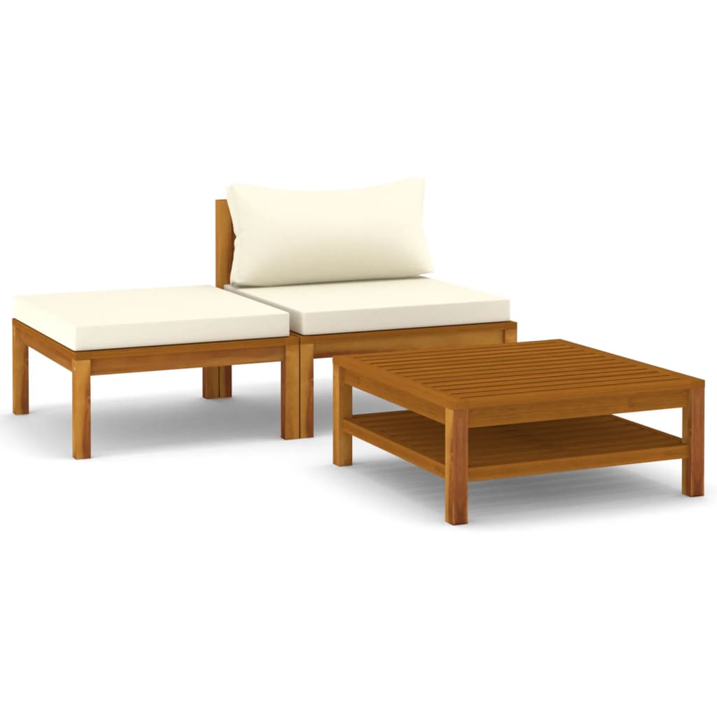 vidaXL 3 Piece Patio Lounge Set with Cream White Cushions Acacia Wood-1