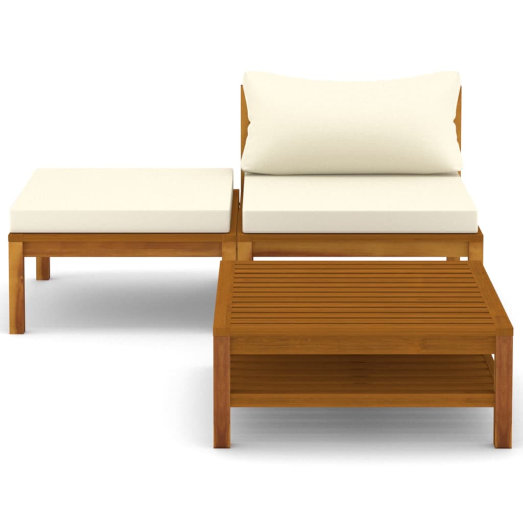 vidaXL 3 Piece Patio Lounge Set with Cream White Cushions Acacia Wood-2