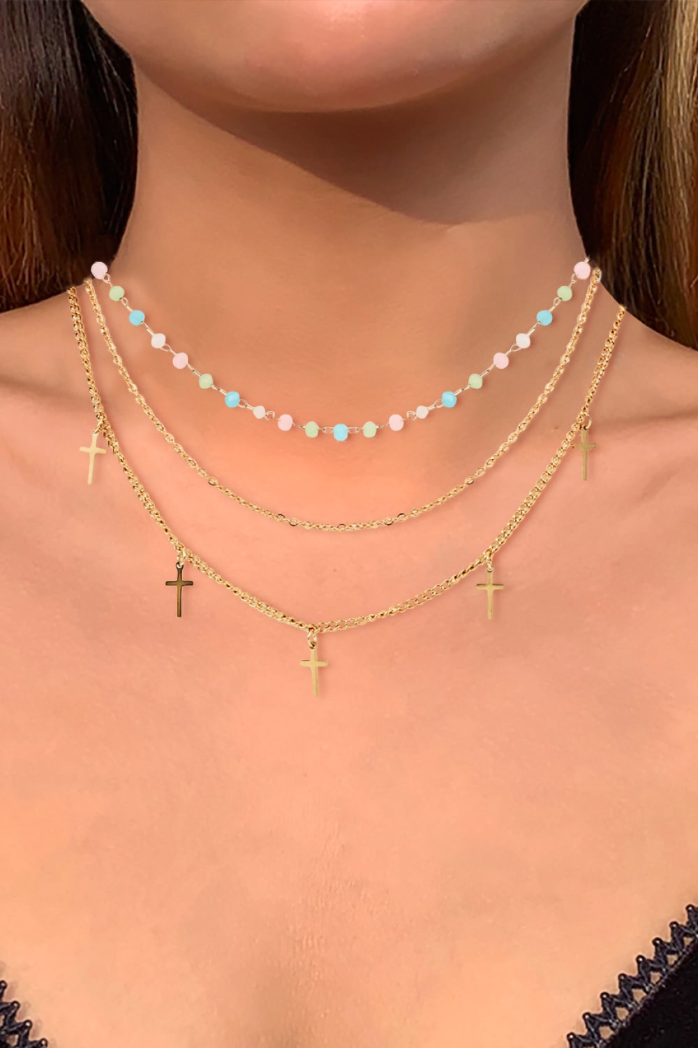 18K Gold Plated Triple-Layered Cross Pendant Necklace