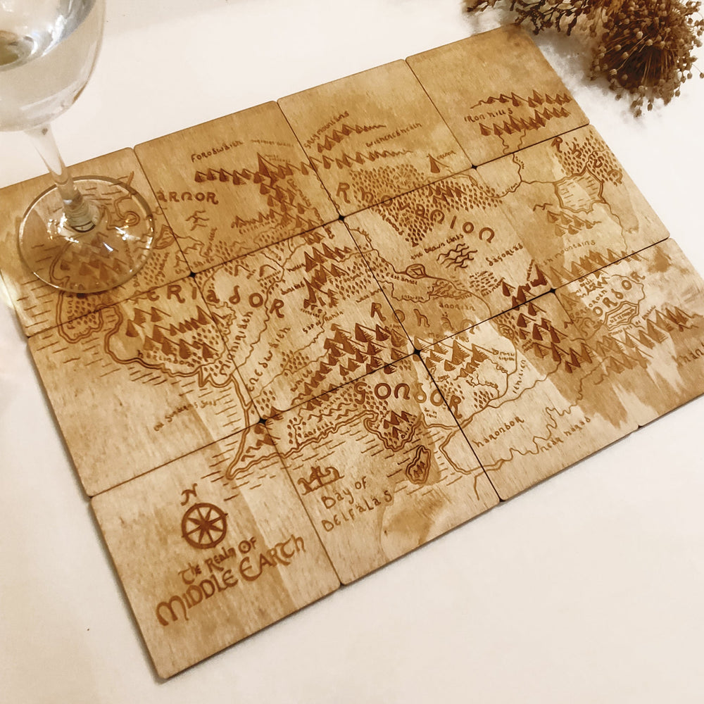Set of 12 Middle Earth Map Wooden Coasters - Lord of The Rings - Handmade Gift - Housewarming - Wood Kitchenware - LOTR-1