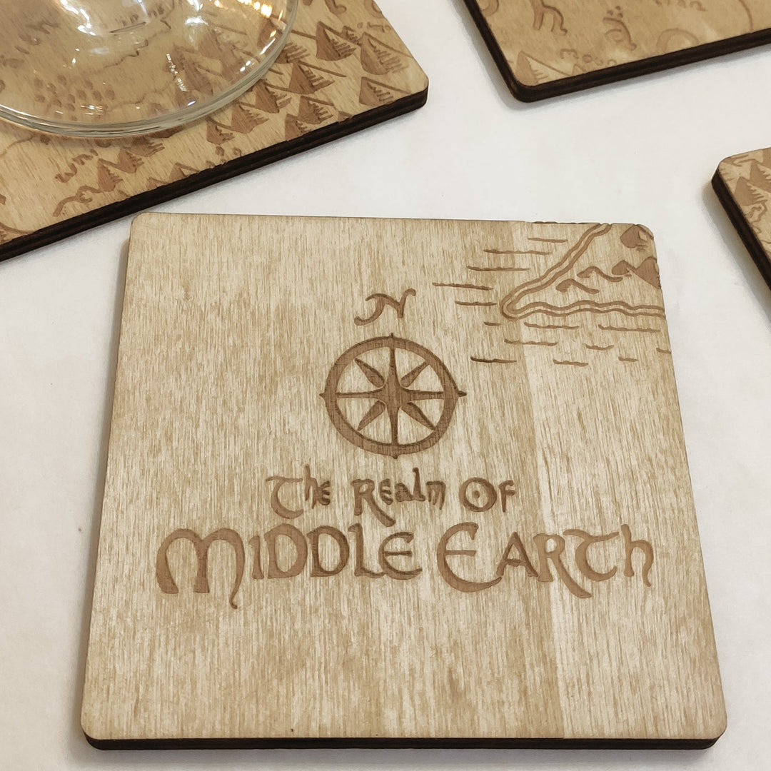 Set of 12 Middle Earth Map Wooden Coasters - Lord of The Rings - Handmade Gift - Housewarming - Wood Kitchenware - LOTR-2