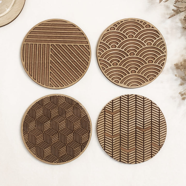 Set of 4 Geometric Wooden Coasters - Handmade Gift - Housewarming - Wood Kitchenware-0