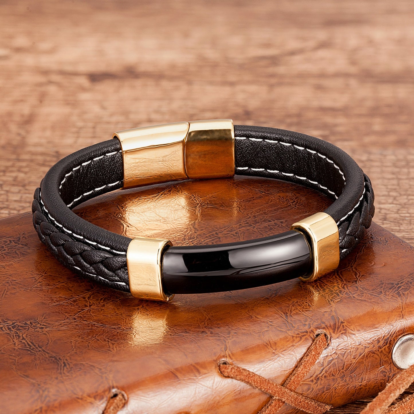 Men's Genuine Leather Natural Stone Braided Bangle Bracelets