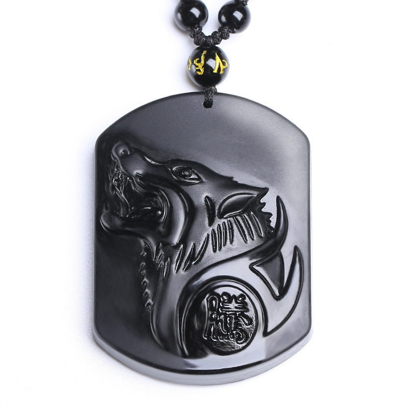 Obsidian Stone Wolf Carving Pendant Necklace