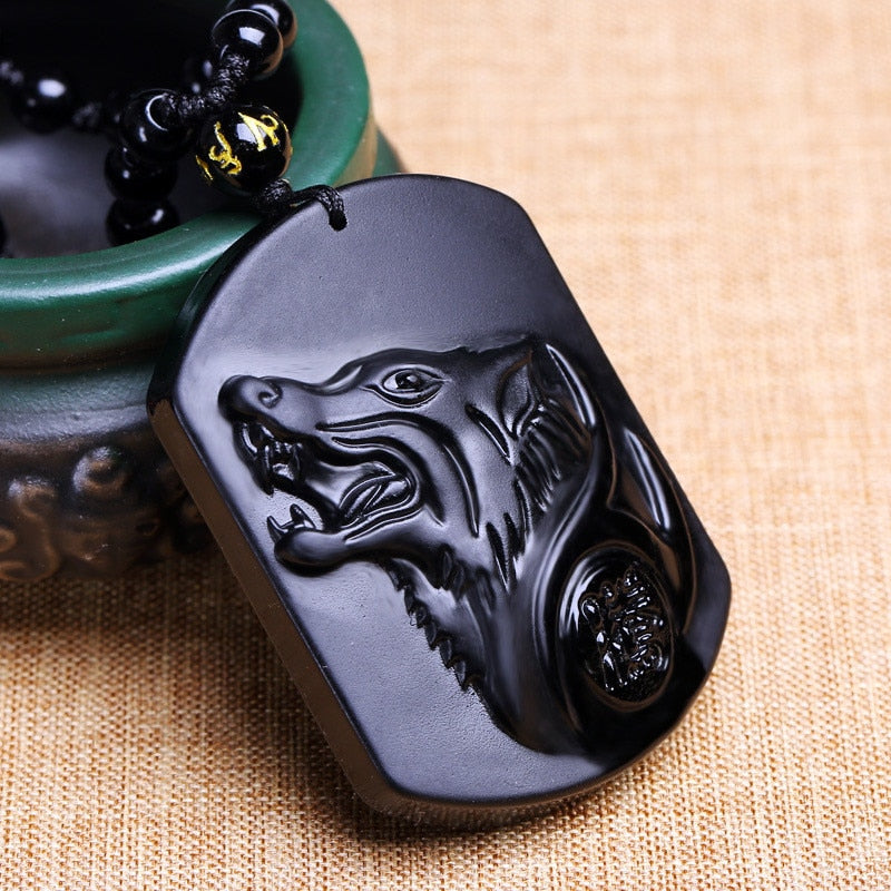Obsidian Stone Wolf Carving Pendant Necklace