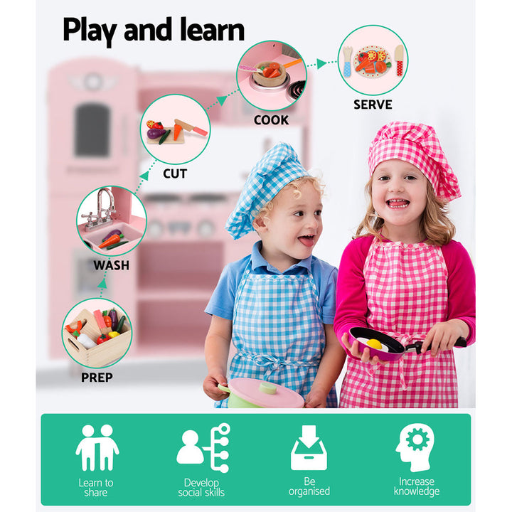 Keezi Kids Kitchen Set Pretend Play Food Sets Childrens Utensils Wooden Toy Pink-2