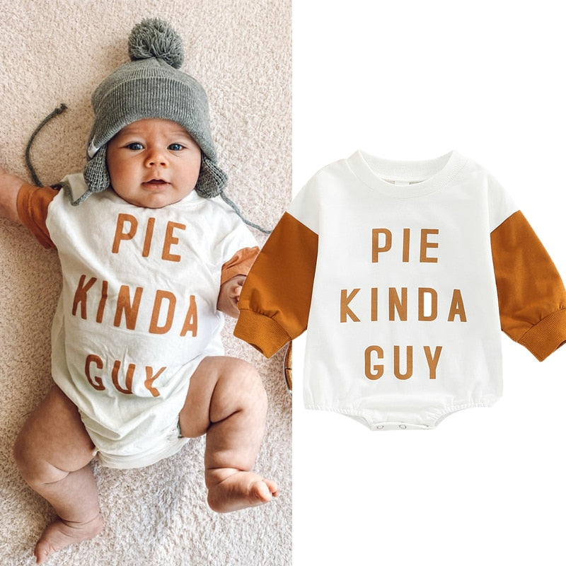 LIORAITIIN Cute "Pie Kinda Guy" Printed Patchwork Long Sleeve Baby Romper