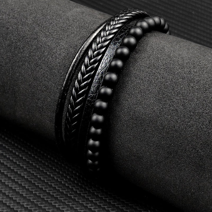 MINGAO Men's Natural Stone Multi-Layer Leather Bracelet