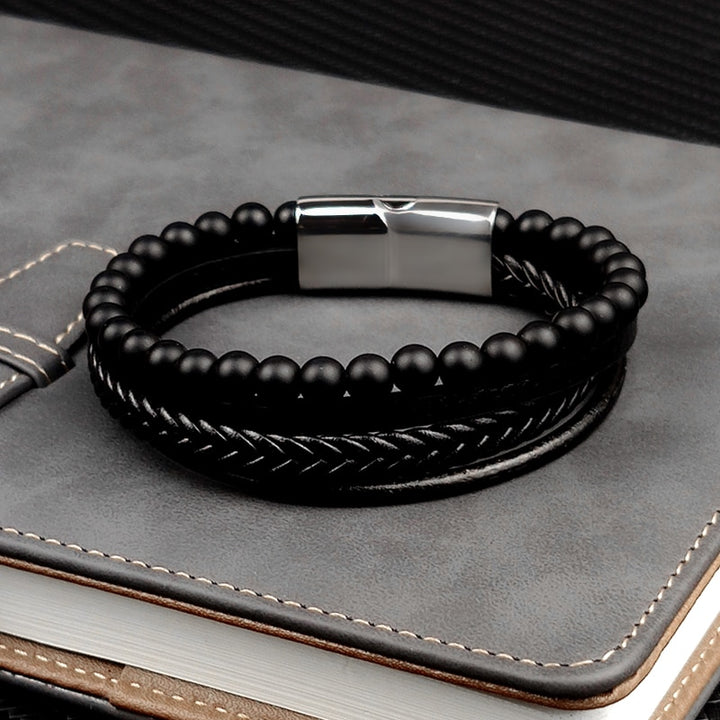 MINGAO Men's Natural Stone Multi-Layer Leather Bracelet