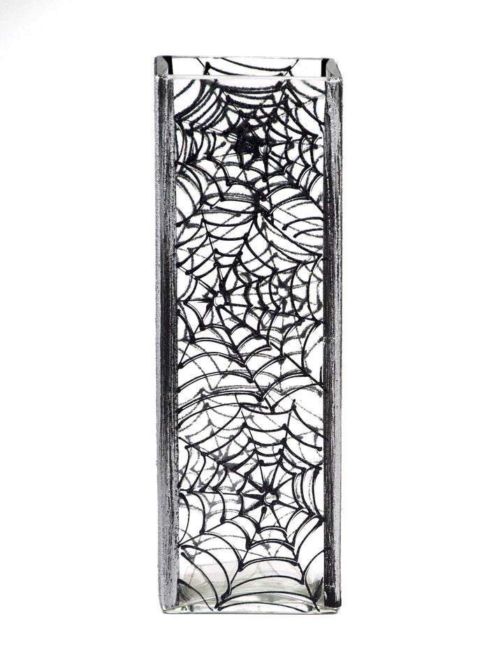 Glass Vase | Square vase | Art Decorated Glass Vase for flowers | Table vase 12 inch | Interior Design | Black Spiderweb-3