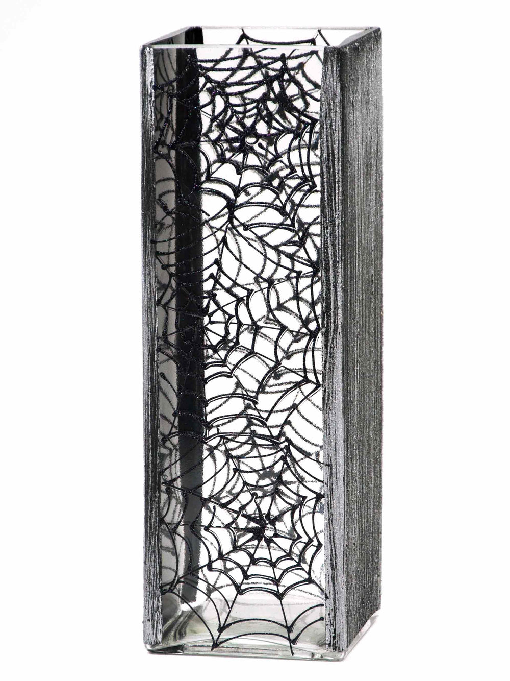 Glass Vase | Square vase | Art Decorated Glass Vase for flowers | Table vase 12 inch | Interior Design | Black Spiderweb-1
