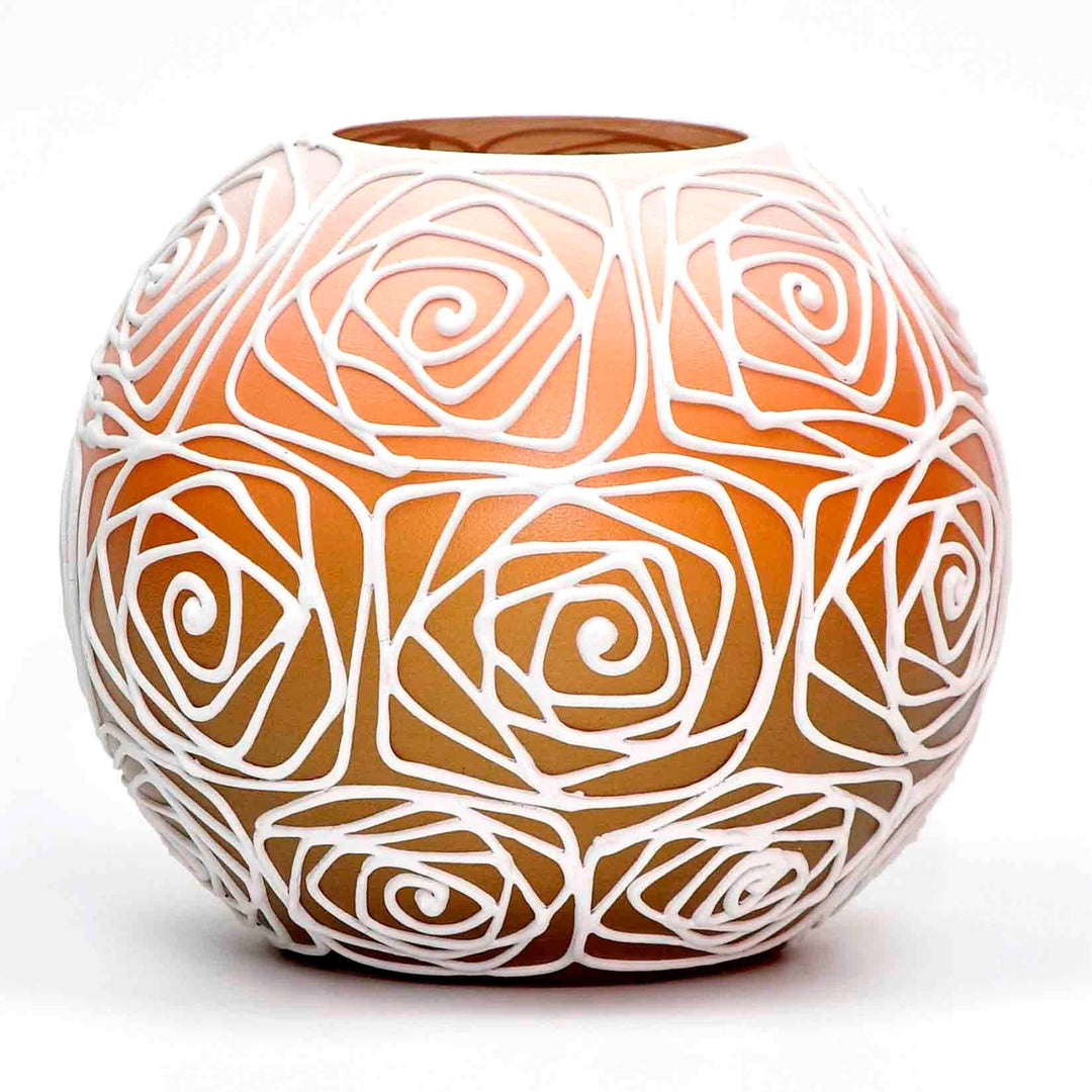 Handpainted Glass Vase for Flowers | Painted Orange Art Glass Round Vase | Interior Design Home Room Decor | Table vase 6 inch-2