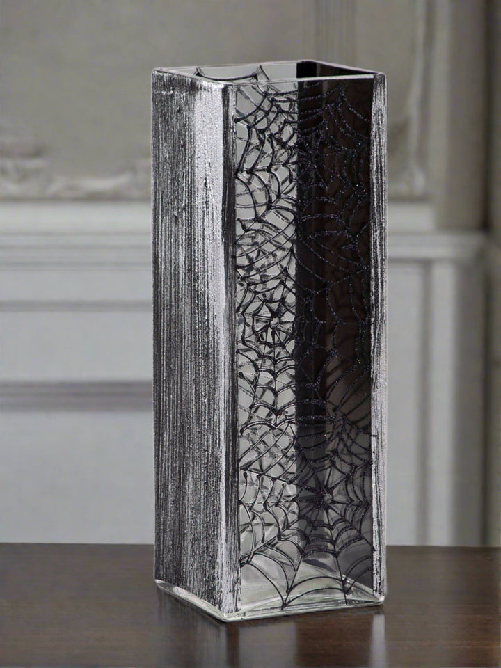 Glass Vase | Square vase | Art Decorated Glass Vase for flowers | Table vase 12 inch | Interior Design | Black Spiderweb-2