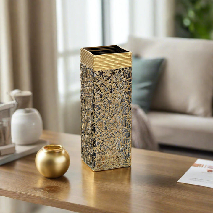Gold Glass Vase | Square vase | Art Decorated Glass Vase for flowers | Table vase 12 inch | Interior Design | Home Decor-0